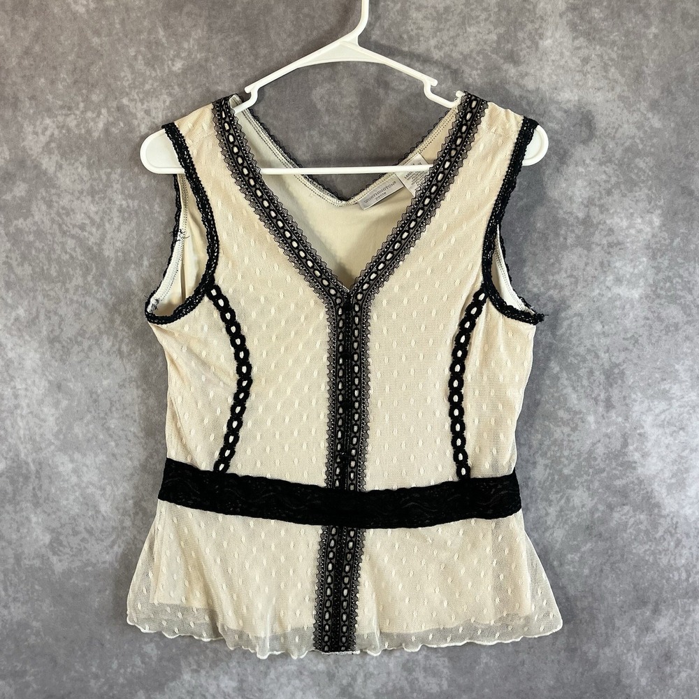 Worthington Blouse Womens Petite Large Cream Black Lace Point Desprit Mesh Tank